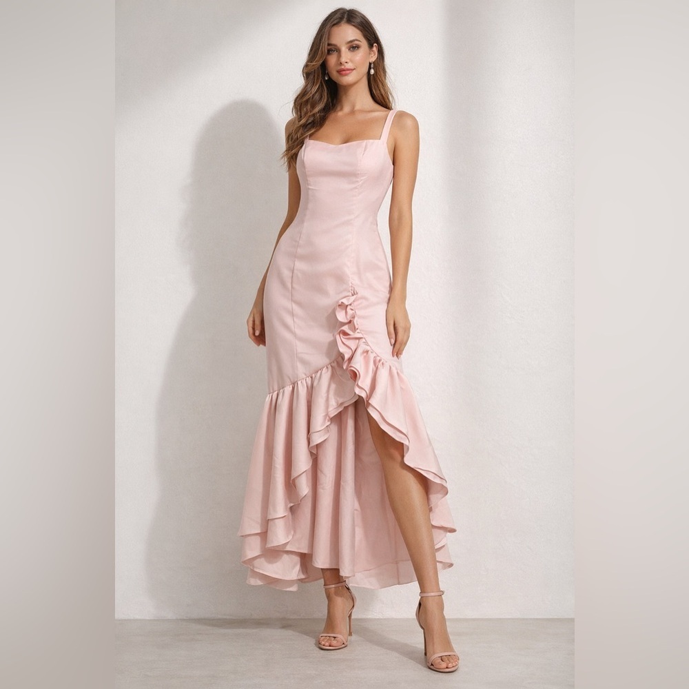 Blush Pink Ruffle Midi Dress Size 10 NWT Open Back Strappy Formal Romantic